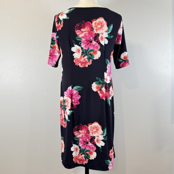 Roz & Ali Womens Black Floral Half Sleeve Dress Boat Neck Knee Length Size M - Picture 3 of 15